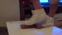 Chick In Sneakers Trample On Penis And Balls. Ends Bootjob And Cum-Shot