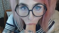 Pink Haired School-Girl Pov Blowjob And Reverse Riding With Glasses And Pigtails